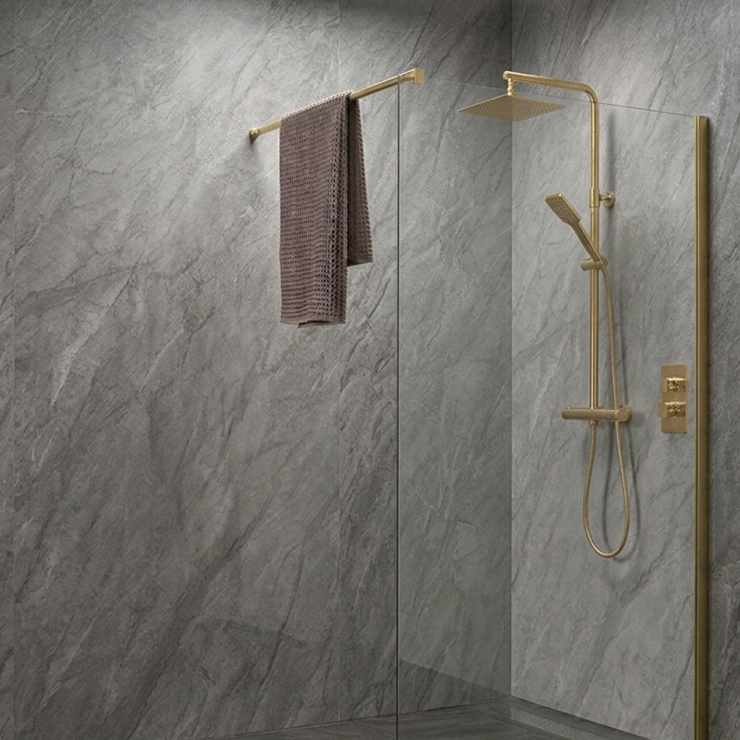 Grey marble gloss shower wall panels in a modern bathroom
