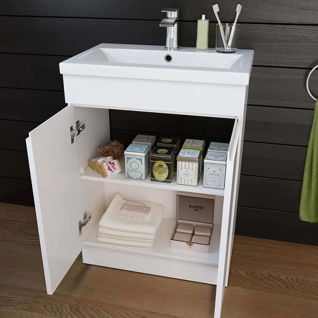 600mm Floor Standing Vanity Cabinet, Groove Handles, High Gloss White by Dream Bathroom Collection, Sink material for bathroom renovation